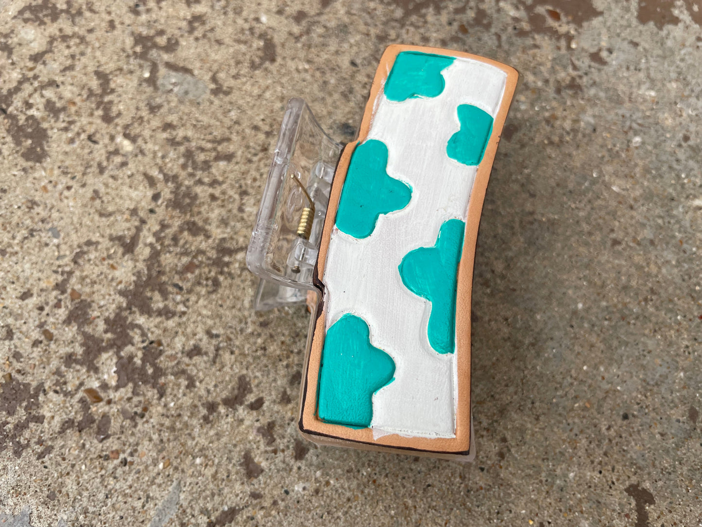 Clear Cow Turquoise Tooled Leather Hair Claw Clips 3”