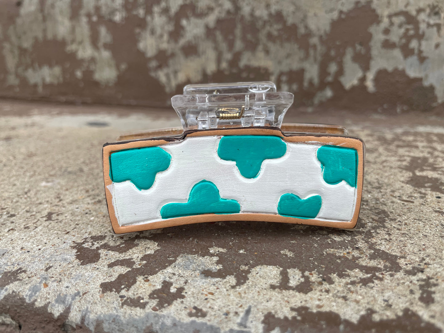 Clear Cow Turquoise Tooled Leather Hair Claw Clips 3”