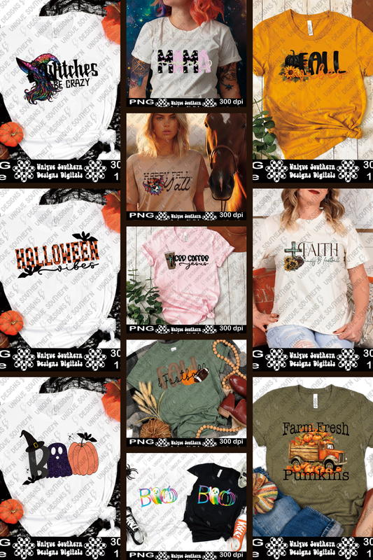 Fall Digital Designs Bundle | 11 PNG Fall and Halloween Files