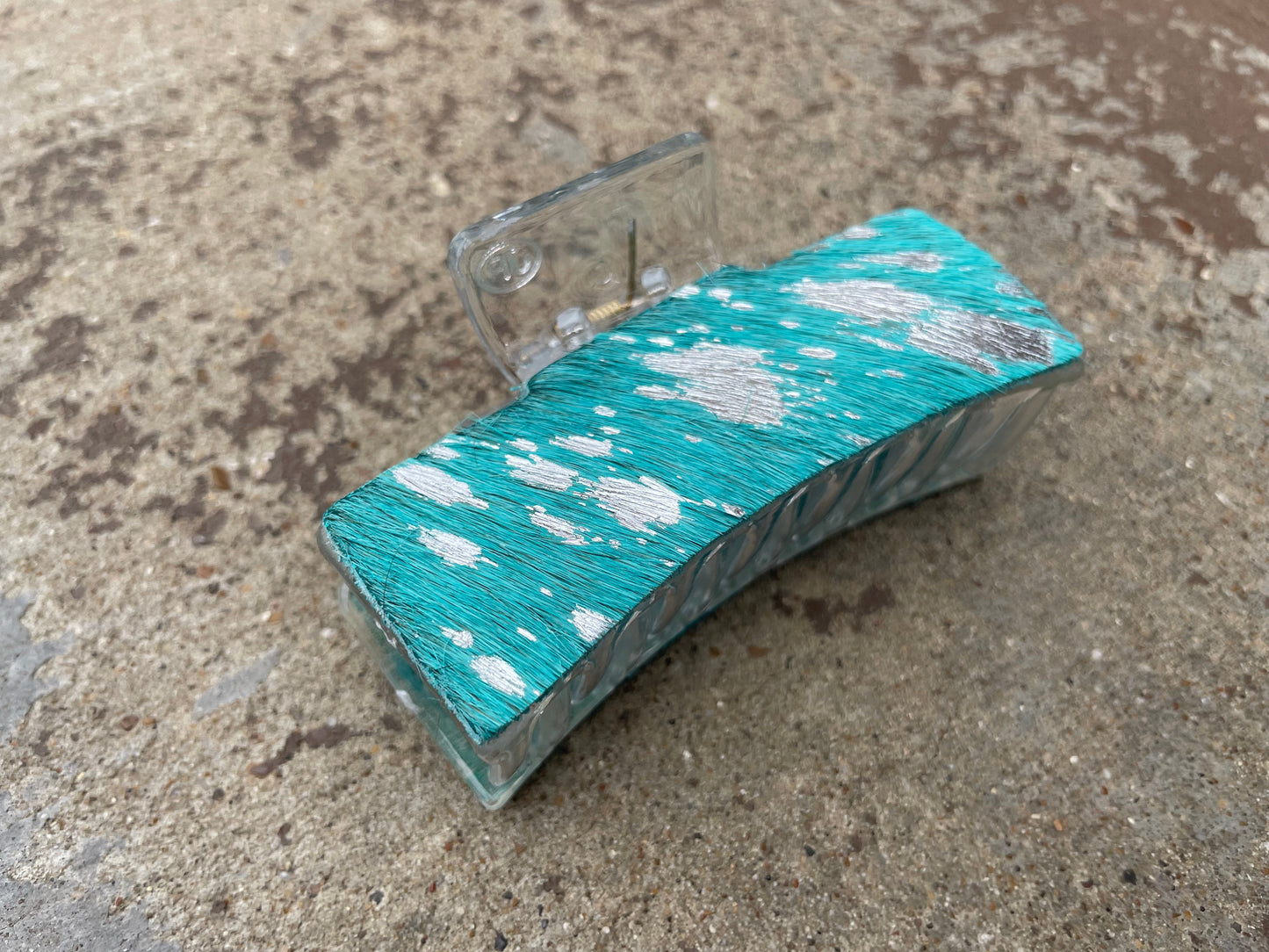 Clear Turquoise Cowhide Silver Acid Wash Tooled Leather Hair Claw Clips 3”
