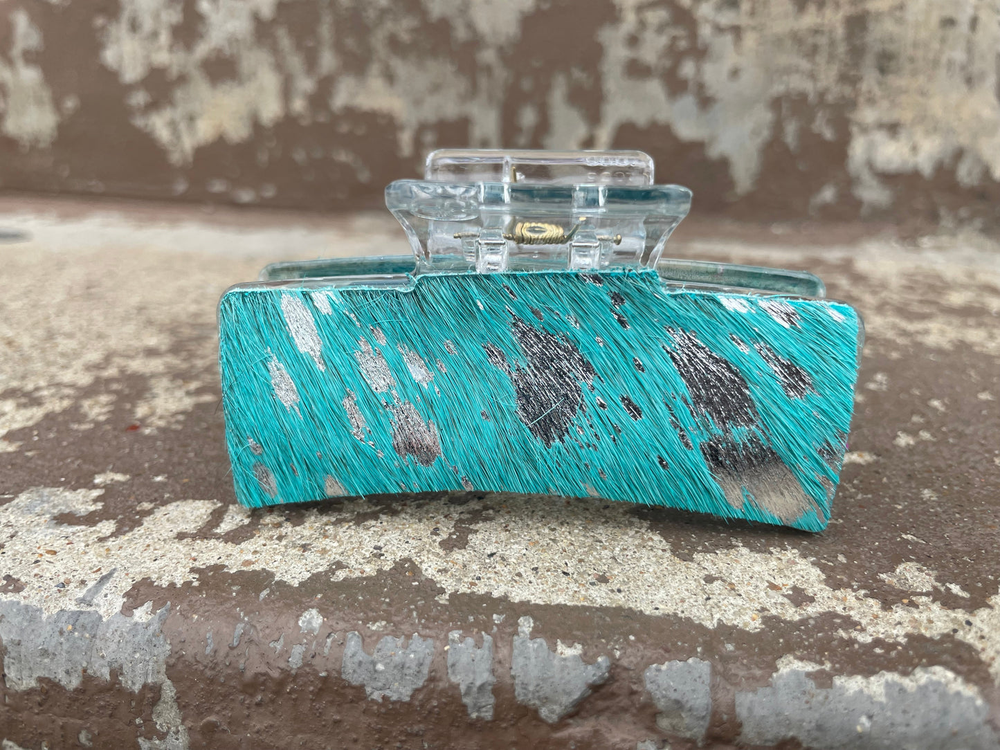 Clear Turquoise Cowhide Silver Acid Wash Tooled Leather Hair Claw Clips 3”