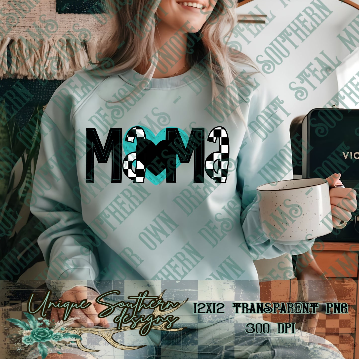 Teal Heart Checkered Mama PNG | DIGITAL DOWNLOAD