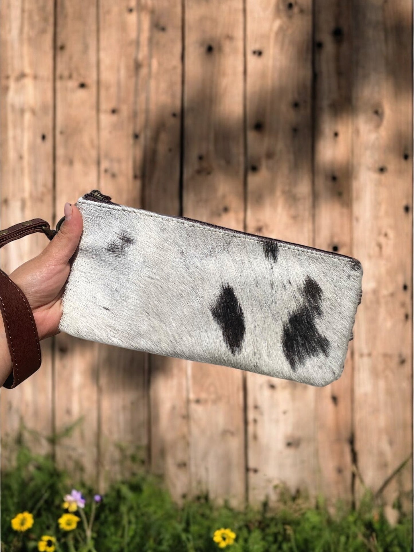 Brown Cowhide Fringe Long Wristlet