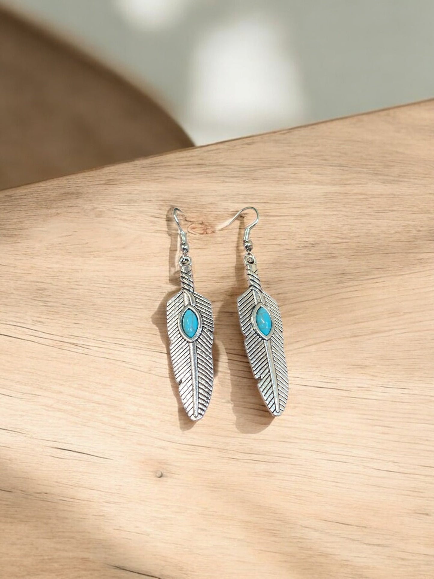 Western Feathers Turquoise Silver Earrings
