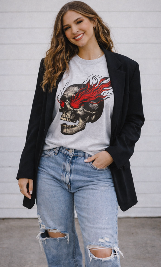 Flaming Skull Graphic Tee Shirt – Graphic Tee, Long Sleeve & Crewneck