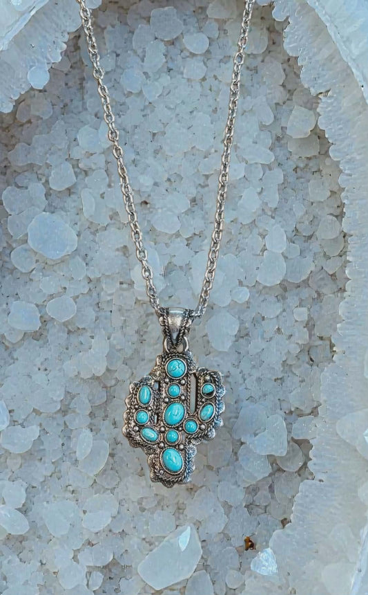 Turquoise Cactus Pendant Necklace – Western Silver Chain Statement Necklace