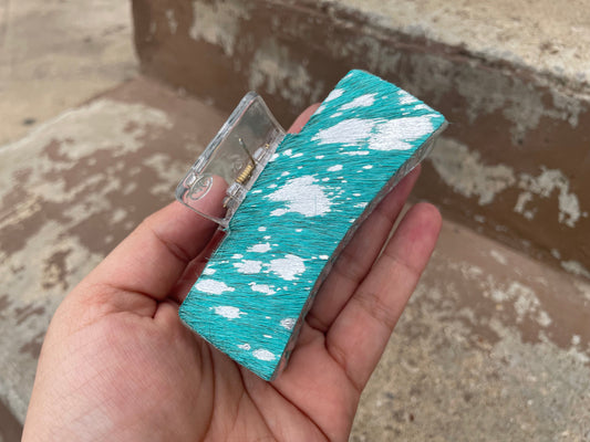 Clear Turquoise Cowhide Silver Acid Wash Tooled Leather  Hair Claw Clips 3”
