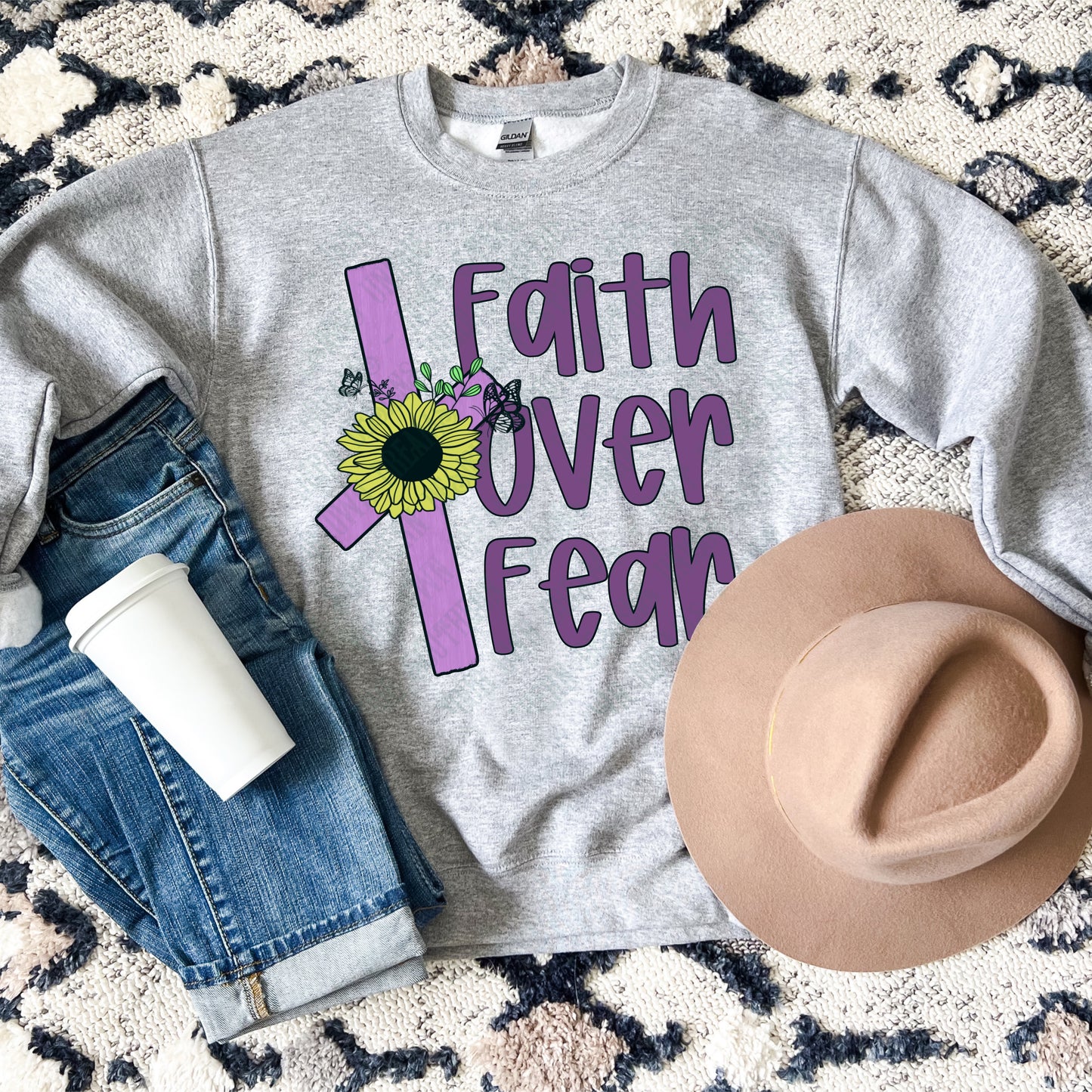 Faith Over Fear PNG | Christian Sublimation Design | Sunflower Cross Graphic | 12x12 300 DPI | Tee & Mug Digital File