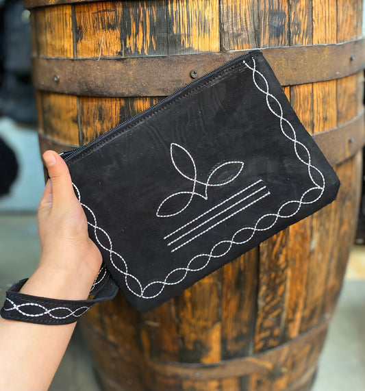 Black BootStitch Suede Leather Wristlet