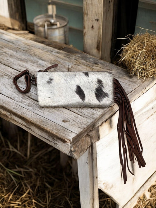 Brown Cowhide Fringe Long Wristlet