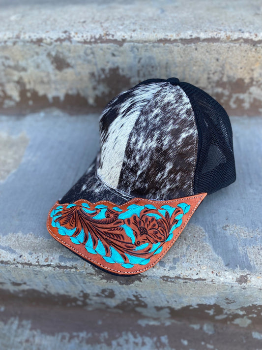 Cowhide Half Tooled Turquoise Leather Floral Cap