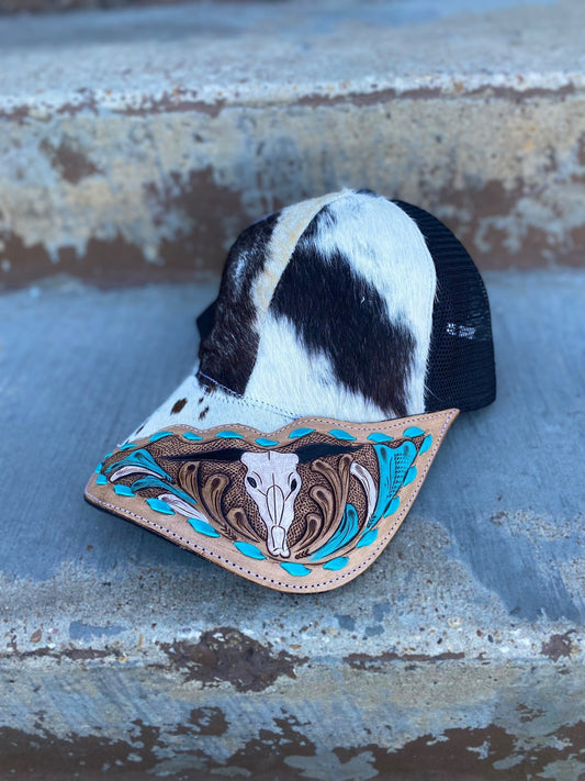 Cowhide Half Tooled Longhorn Skull Cap